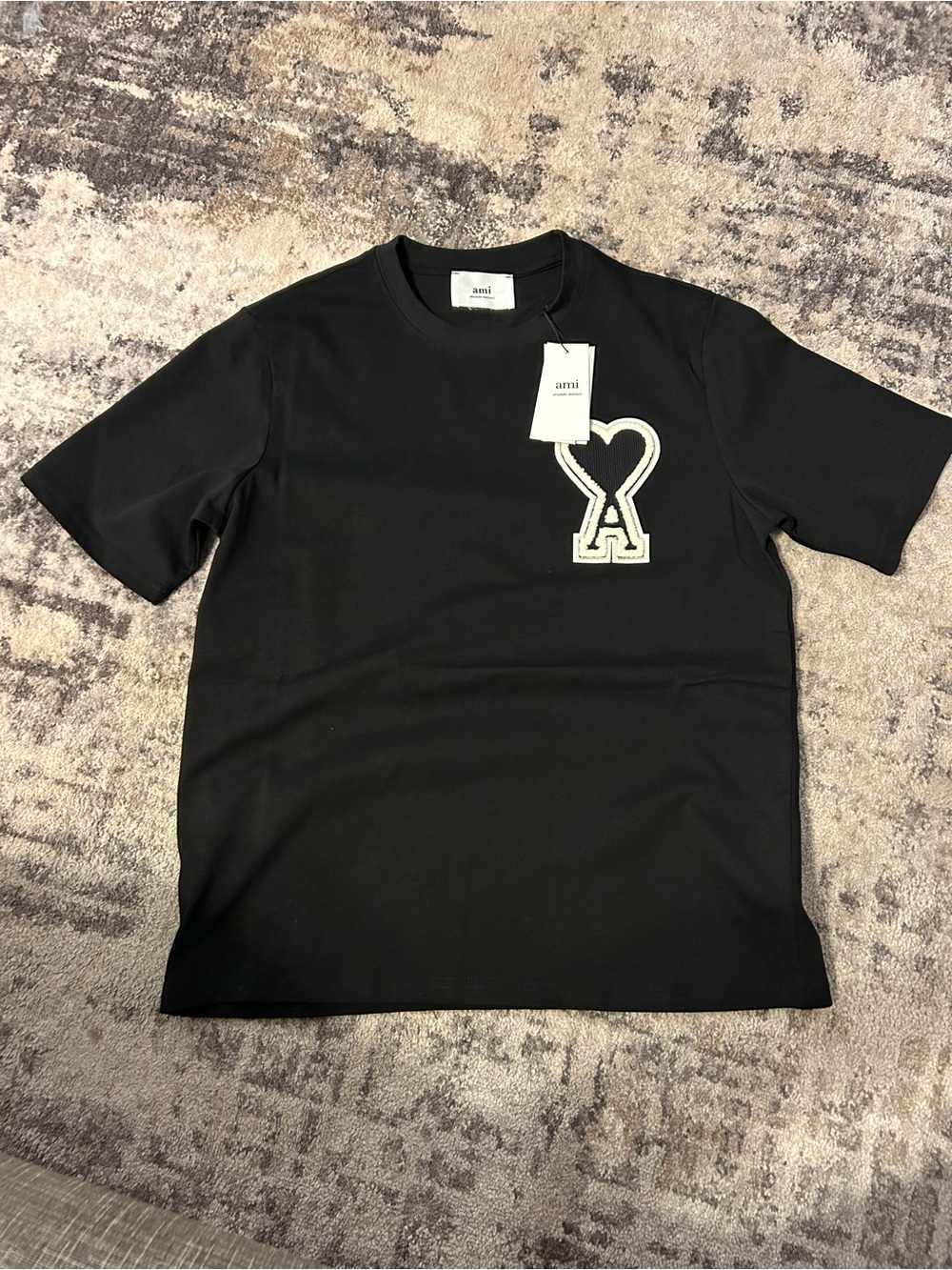 Ami Black Short-Sleeve Tee with White Heart 'A' Patch